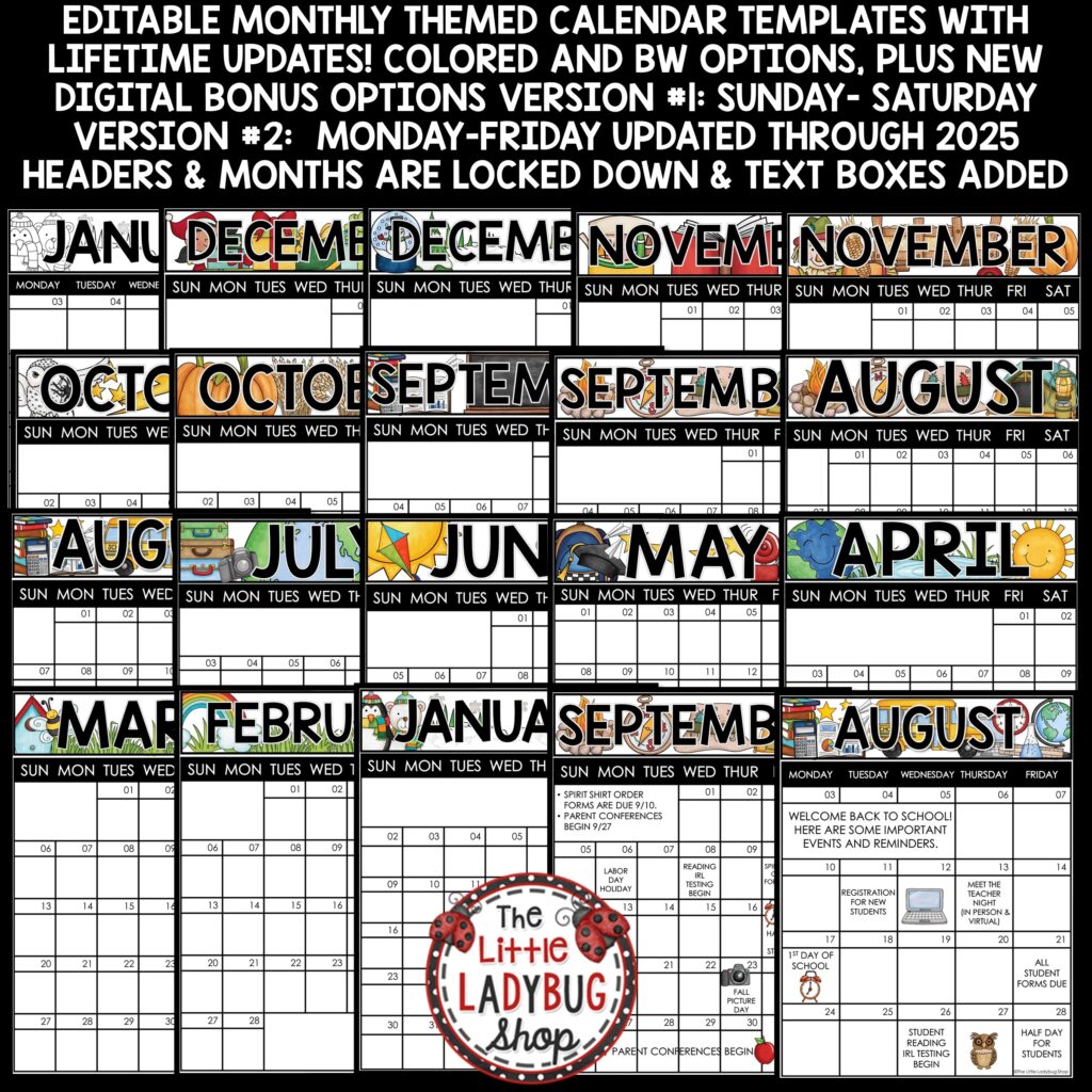 Weekly Monthly Calendar Classroom Template - The Little Ladybug Shop