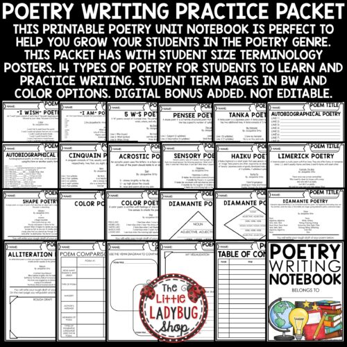 Elements of Poetry Unit Poem Template, Posters Poetry Student Writing Notebook