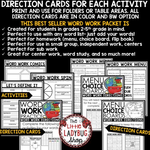 Word Work Activities and Spelling Vocabulary Worksheets