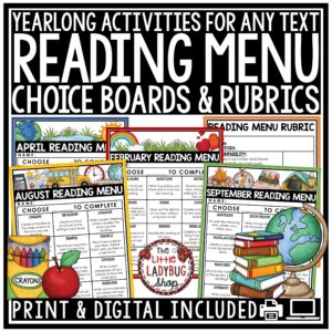 Literacy Reading Response Choice Boards for students in upper elementary in 3rd, 4th and 5th grade.