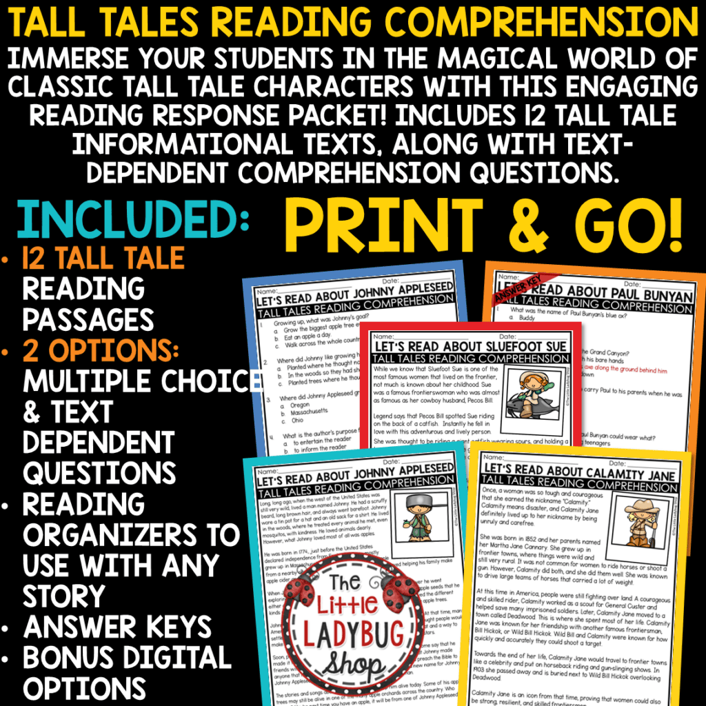 Tall Tales Activities Reading Comprehension Passages 3rd 4th Grade ...
