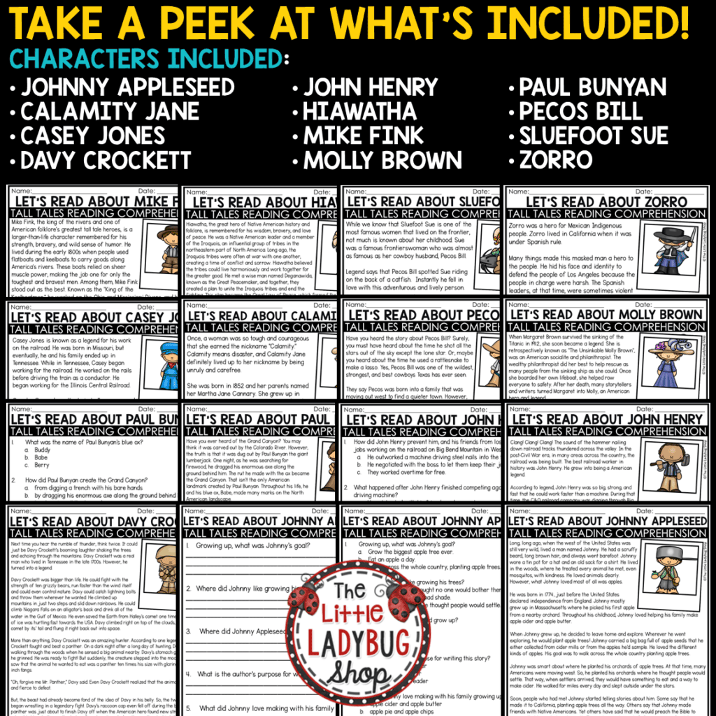 Tall Tales Activities Reading Comprehension Passages 3rd 4th Grade ...