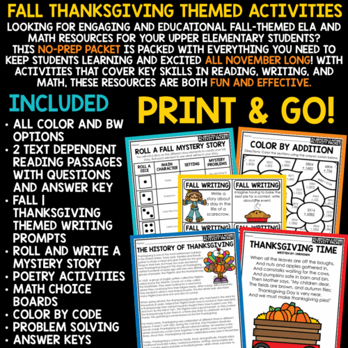 History of Thanksgiving Reading Activity Fall Writing Prompts