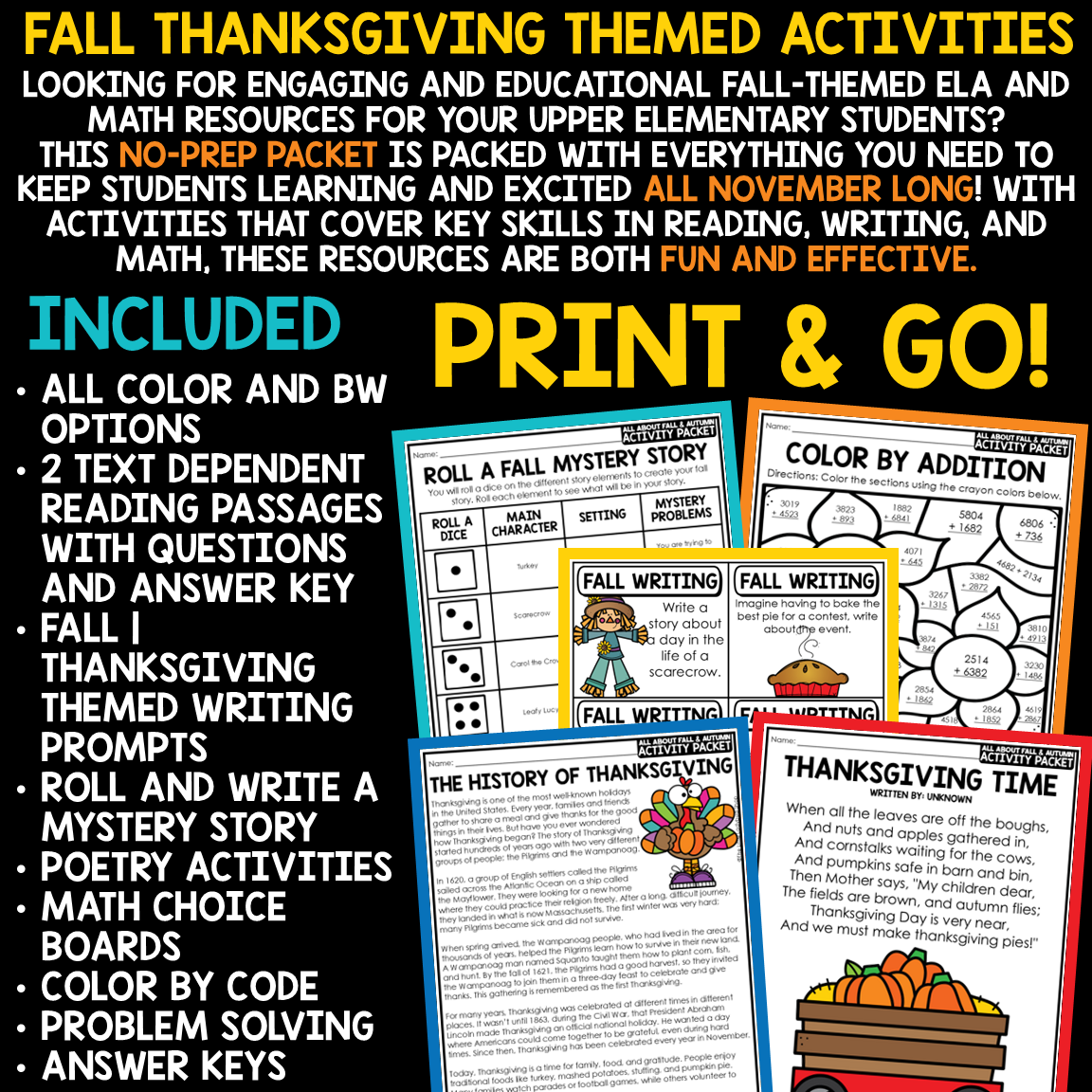 History of Thanksgiving Reading Activity Fall Writing Prompts