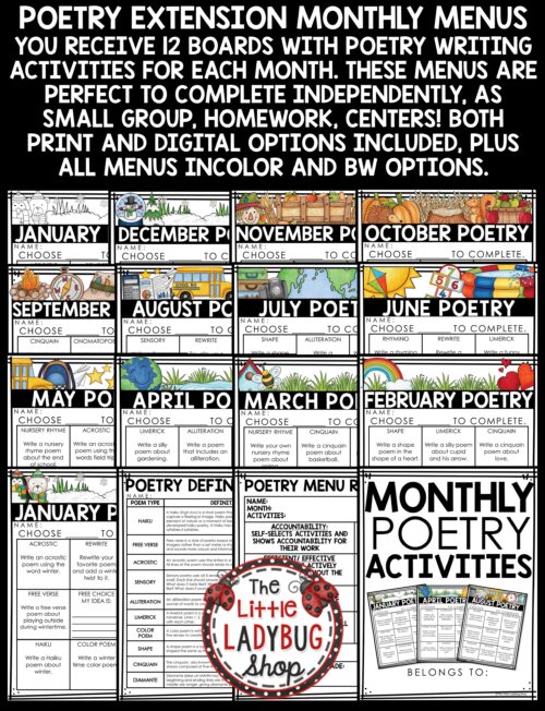 Poetry Month Writing Activities Choice Boards Menus Fast Early Finishers