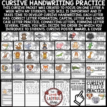 Animal Theme Alphabet Cursive Handwriting Practice Worksheets for Older Kids