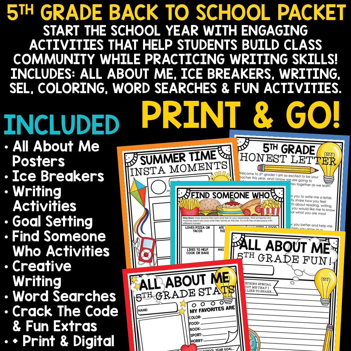 First Day of Back to School Activities 5th Grade All About Me Poster