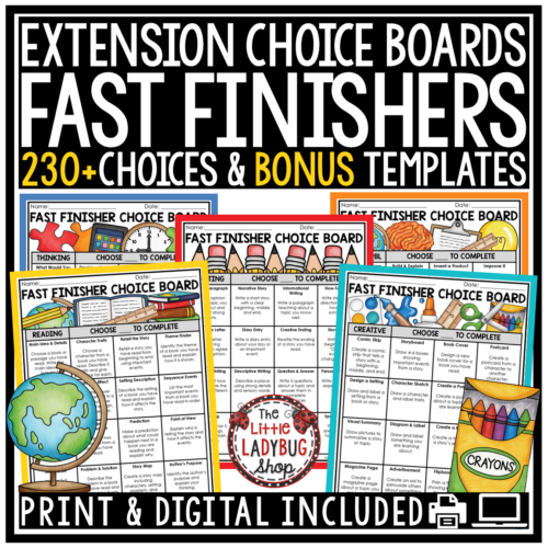 Choice Boards Literacy ELA Fast Early Finisher Activities 3rd 4th Grade