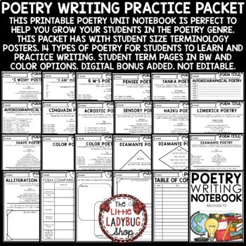 Elements of Poetry Unit Poem Template, Posters Poetry Student Writing Notebook-2