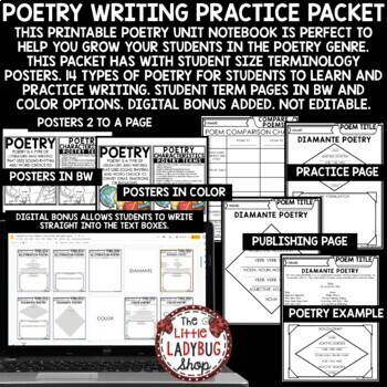 Elements of Poetry Unit Poem Template, Posters Poetry Student Writing Notebook-4