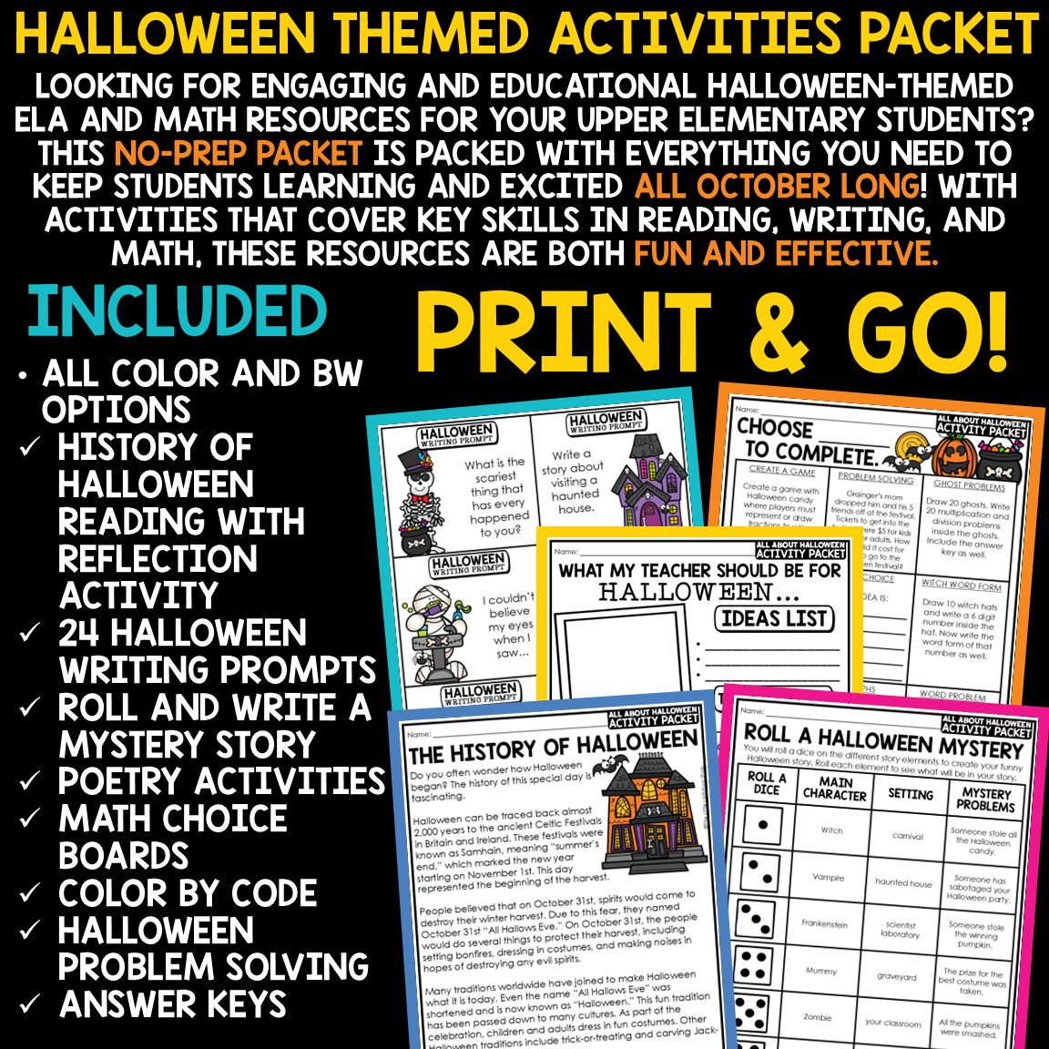October Halloween Reading Activities Writing Prompts 3rd 4th Grade