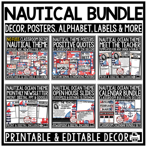 Sailing Sea Ocean Nautical Beach Theme Classroom Décor Bundle Coastal Marine