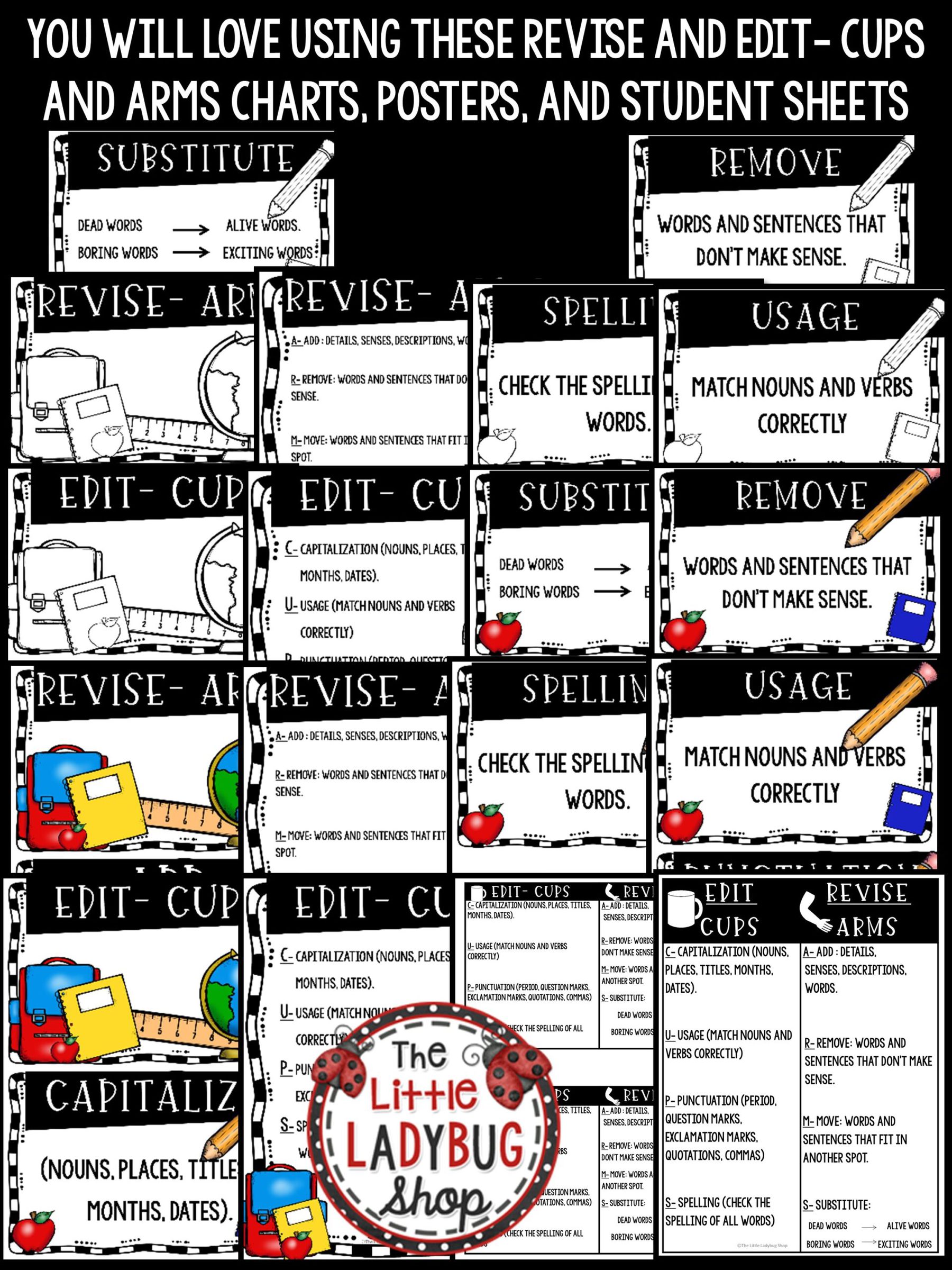 Revising and Editing Cups and Arms Posters & Revise and Edit Posters The Little Ladybug Shop