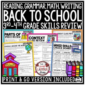 Back to School Review Assessment Activities 3rd 4th Grade
