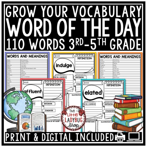 Word of The Day and Week Vocabulary Activities and Word Work Activities for upper elementary students in 3rd 4th 5th grade.