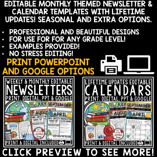 Classroom Newsletter Template, Editable Calendar