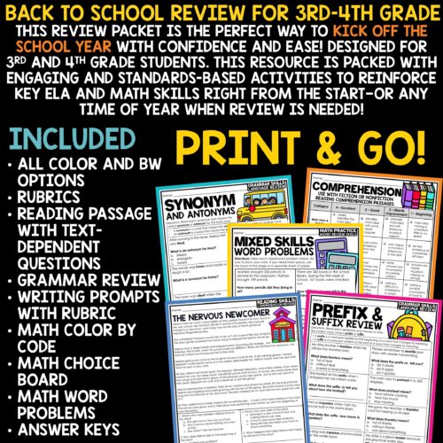 Back to School Review Assessment Activities 3rd 4th Grade