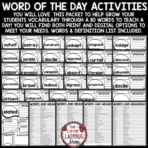 Word of The Day and Week Vocabulary Activities and Word Work Activities for upper elementary students in 3rd 4th 5th grade.