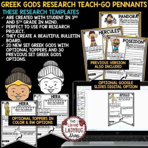 Ancient Greek Gods Mythology Research Activities for upper elementary students in 3rd, 4th, 5th, 6th grade.