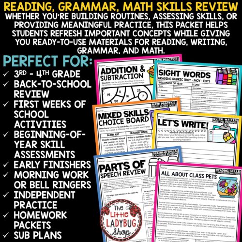 Back to School Review Assessment Activities 3rd 4th Grade
