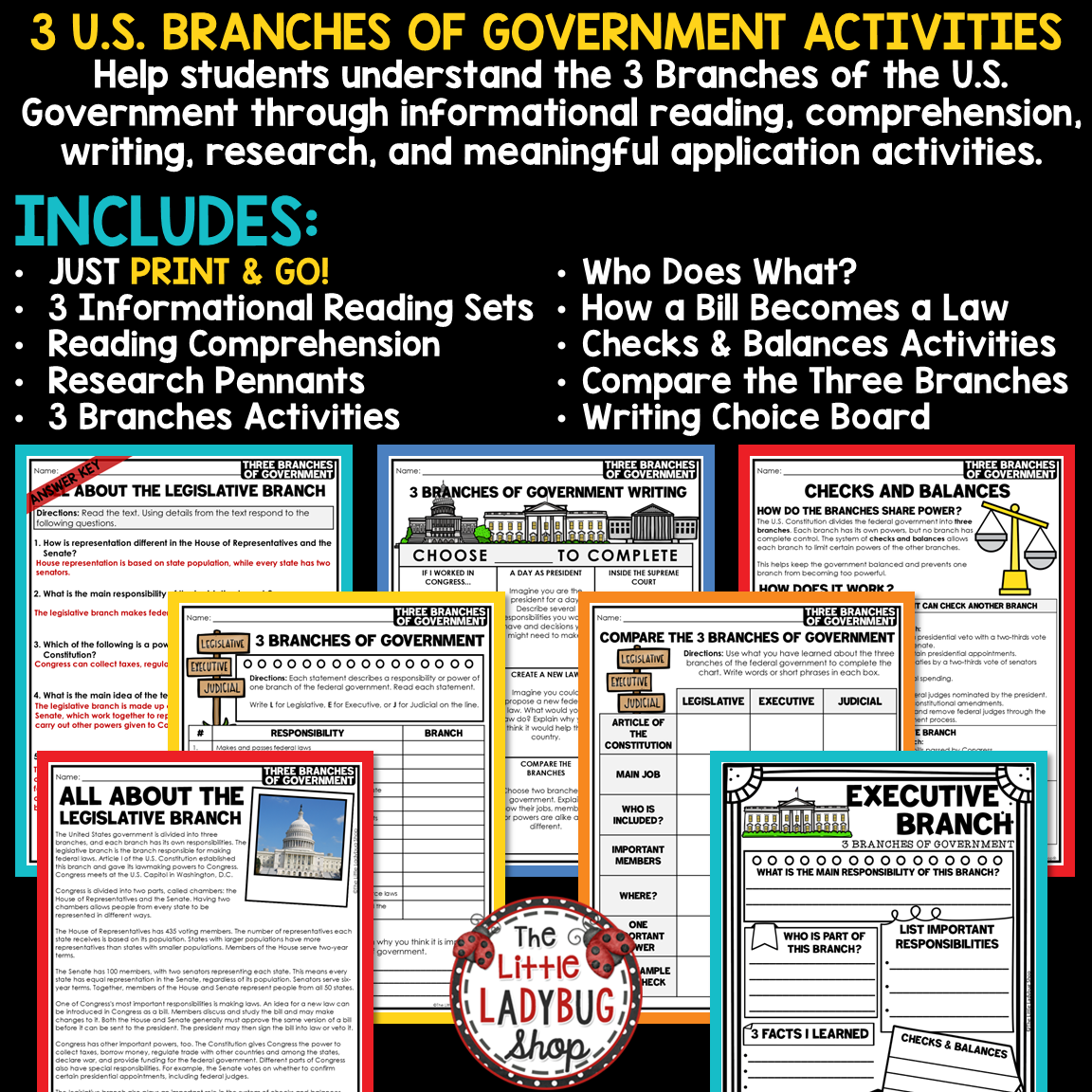 3 Three Branches of Government Activities Worksheets U.S. Government