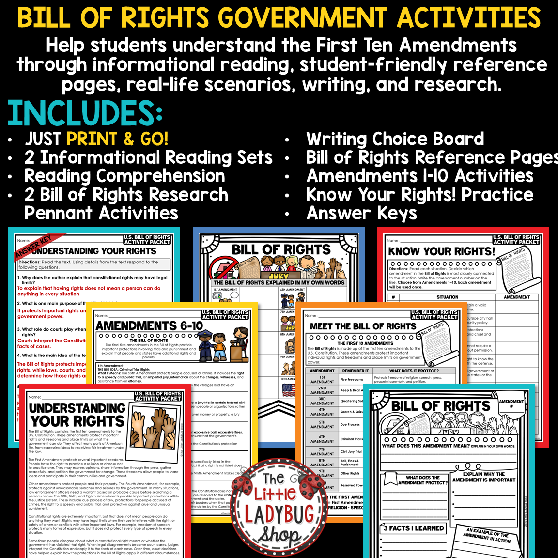 U.S. Bill of Rights Activity Reading Government Civics 3rd 4th 5th Grade