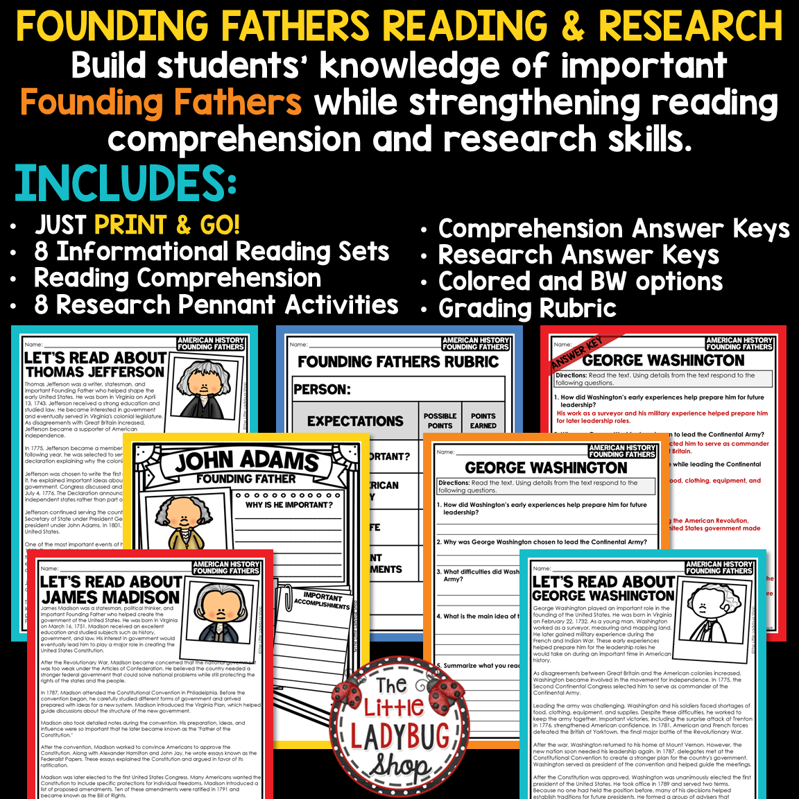 US History Founding Fathers Activities Reading Passages Research Project