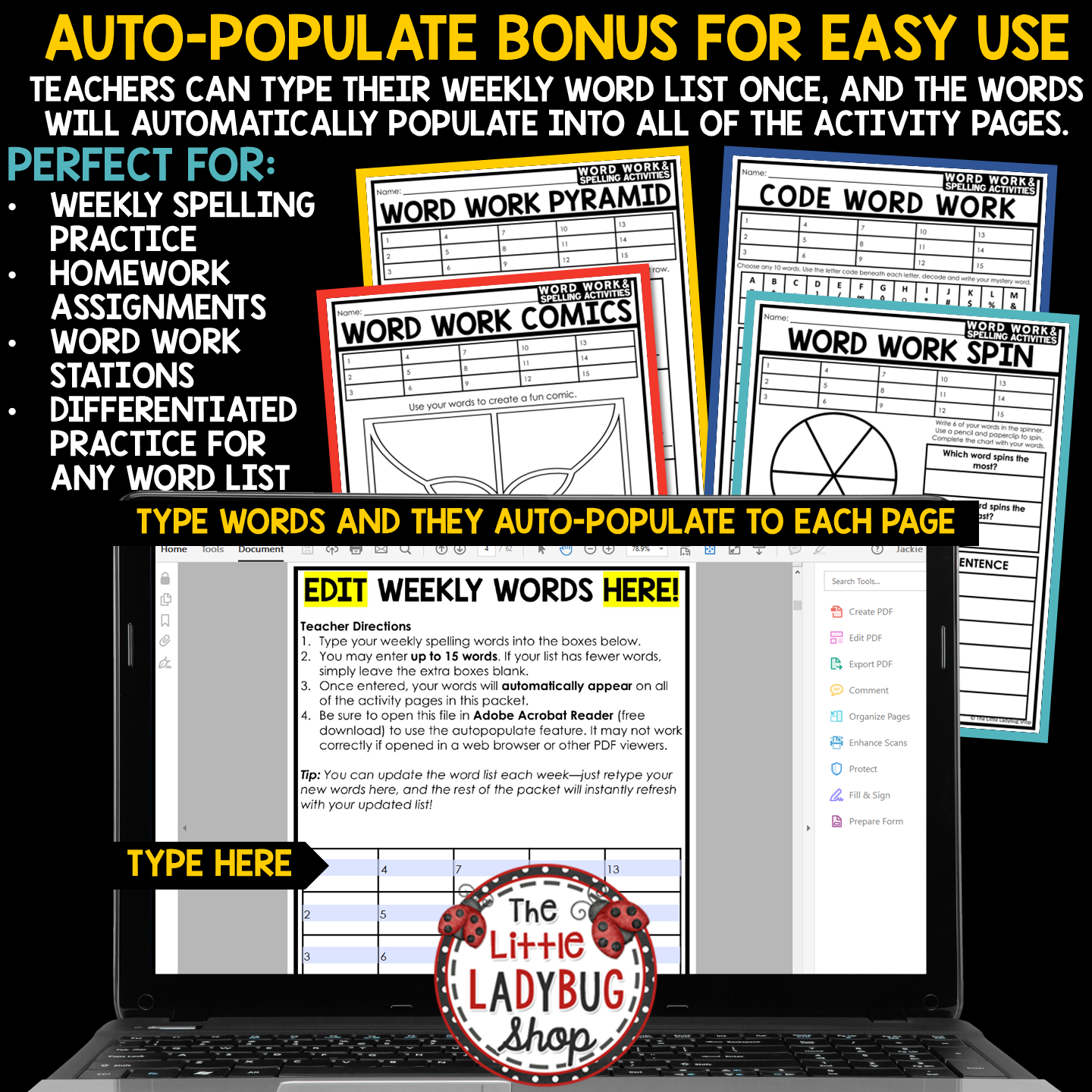 Editable Spelling Word Work Activities Practice Worksheets for Any List of Words