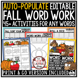 Fall October Editable Spelling Word Work Activities Practice Worksheets Centers