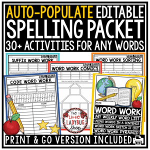 Editable Spelling Word Work Activities Practice Worksheets for Any List of Words