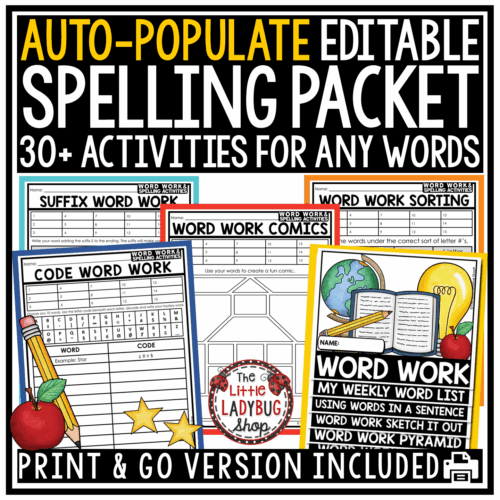 Editable Spelling Word Work Activities Practice Worksheets for Any List of Words