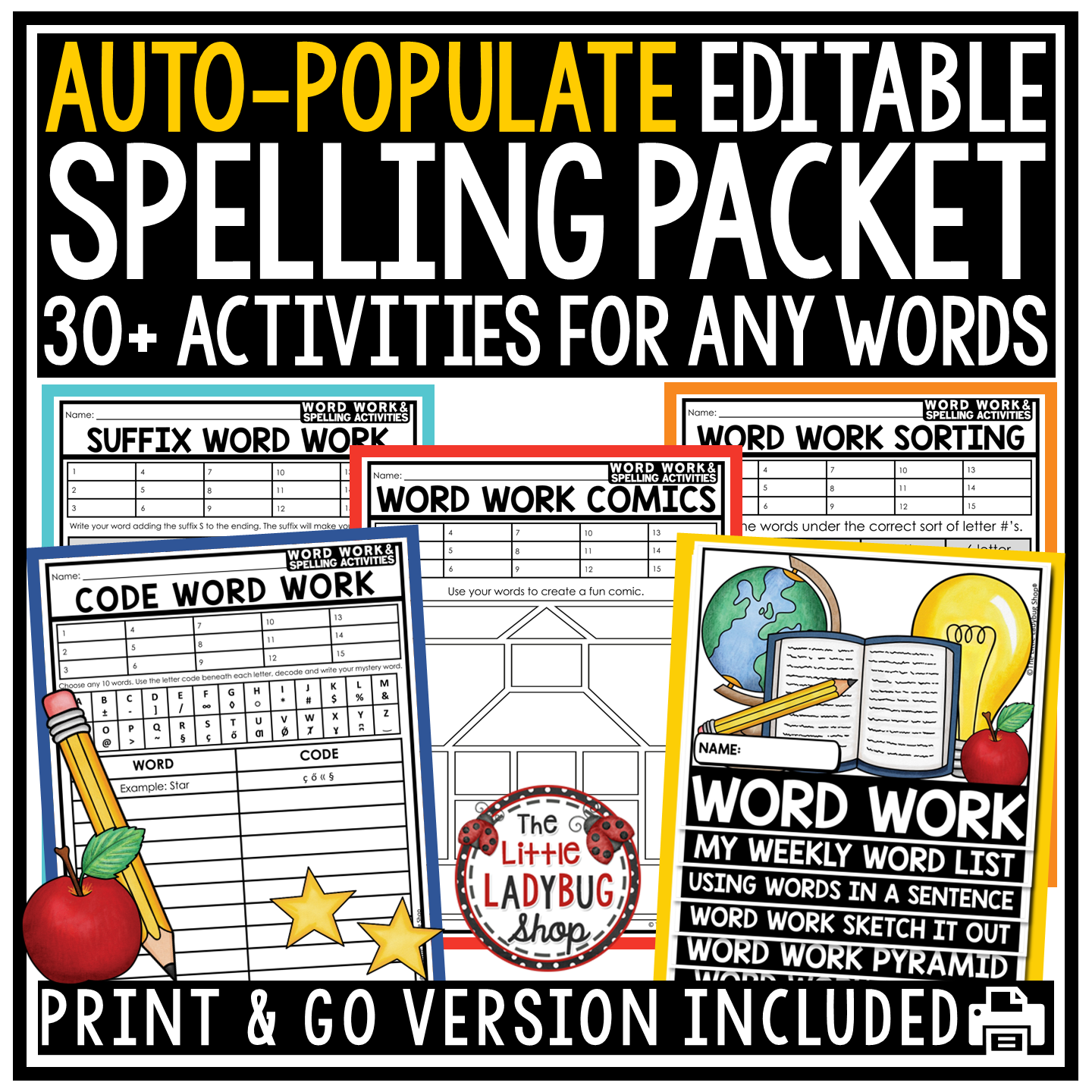 Editable Spelling Word Work Activities Practice Worksheets for Any List of Words