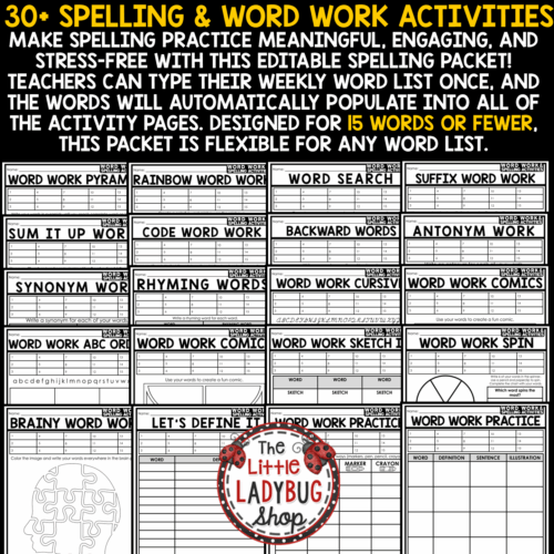 Editable Spelling Word Work Activities Practice Worksheets for Any List of Words