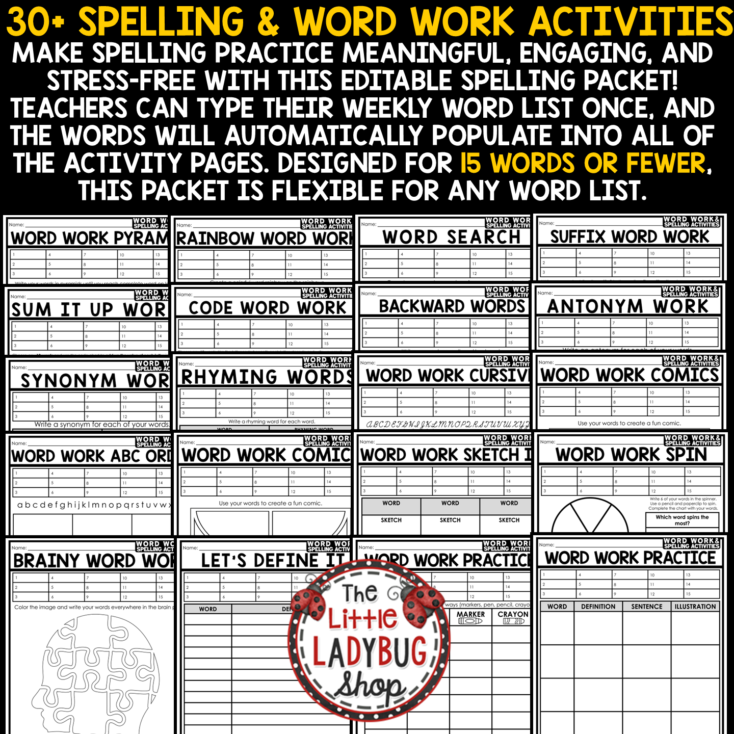 Editable Spelling Word Work Activities Practice Worksheets for Any List of Words