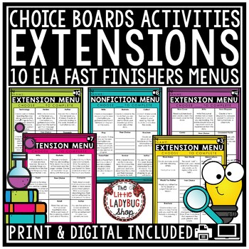 Literacy ELA Fast Early Finishers Activities Choice Boards Menu 3rd 4th Grade GT