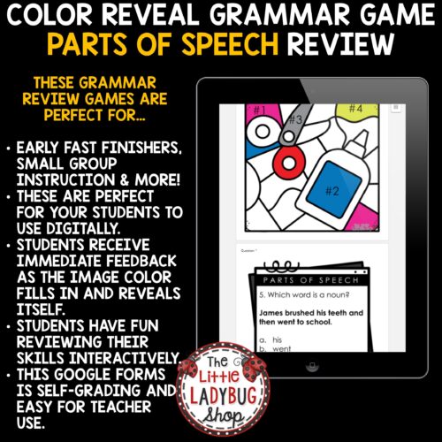 Color By Code ELA Grammar Test Prep Review 3rd 4th Grade Parts of Speech