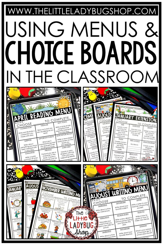 ELA Reading and Writing Choice Boards & Menus in the Upper Elementary Classroom
