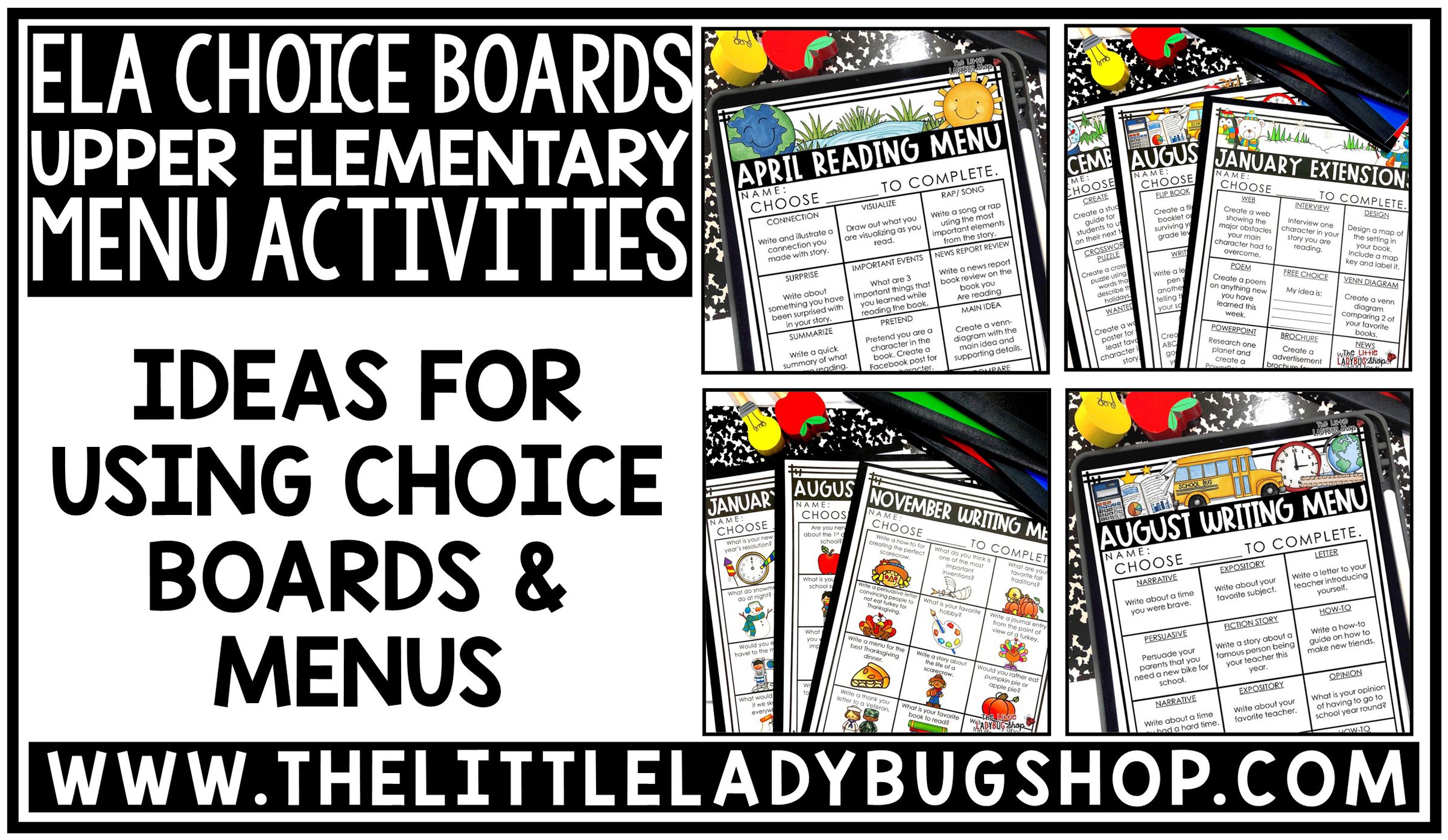 ELA Reading and Writing Choice Boards & Menus in the Upper Elementary Classroom