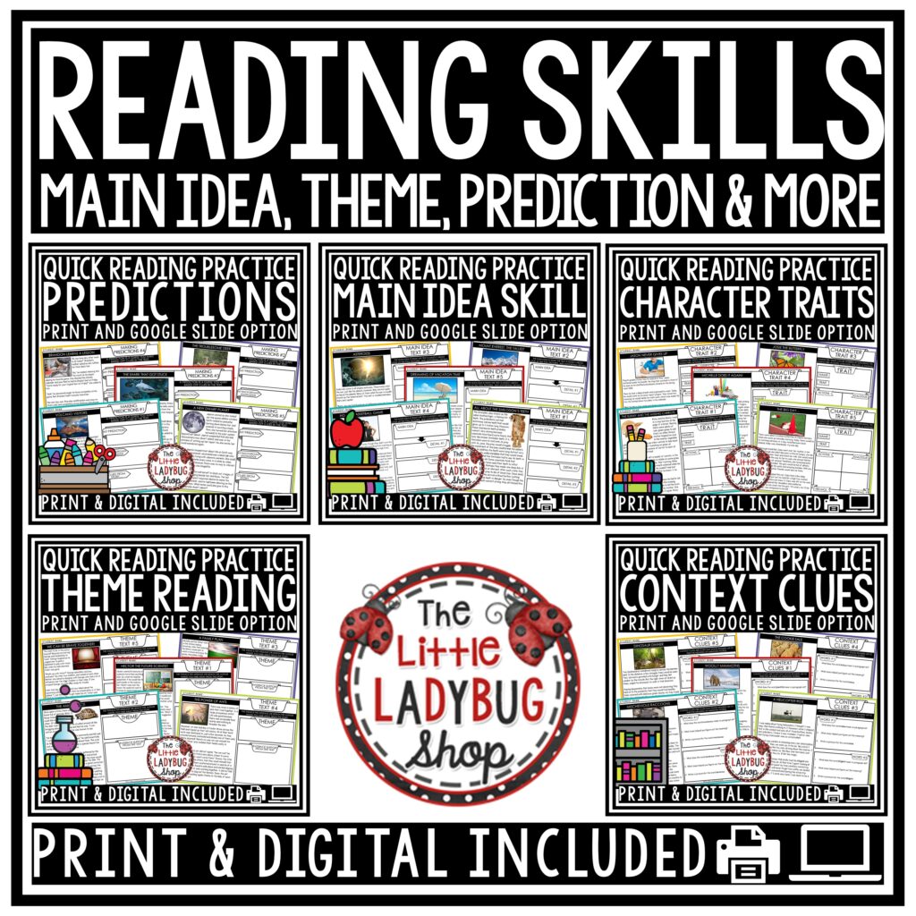 Reading Skills Main Idea, Theme, Context Clues, Predictions Bundle