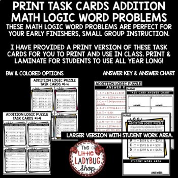 Print Task Cards Addition - Math Logic, Word Problems
