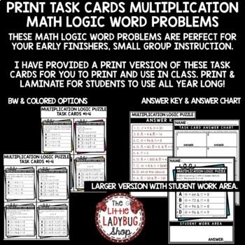 Print Task Cards - Multiplication, Math Logic & Word Problems