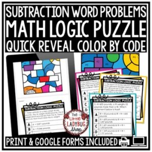 Subtraction Word Problems - Math Logic Puzzle. Quick Reveal Color by Code