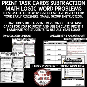 Print Task Cards- Subtraction, Math Logic & Word Problems