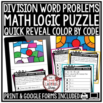 Division Word Problems - Math Logic Puzzle. Quick Reveal Color by Code