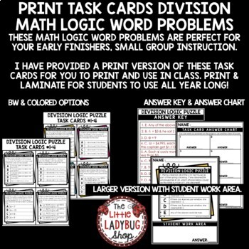 Print Task Cards - Division, Math Logic & Word Problems