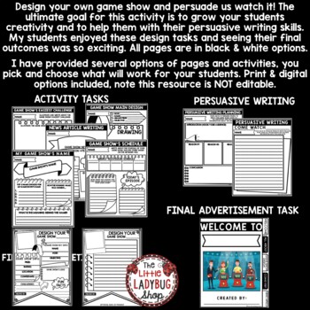Persuasive Writing Task Design Create a Game Show Project Based Learning PBL-3