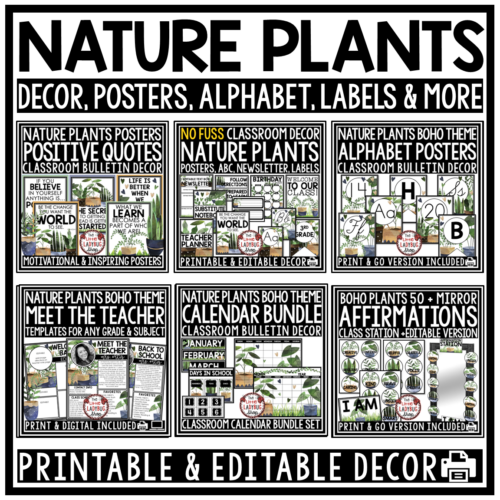 Nature Boho Plant Garden Theme Classroom Décor Bundle Greenery Calming Boho