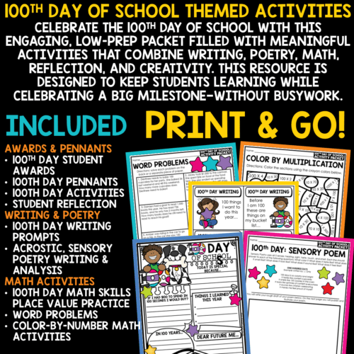 3rd 4th Grade 100th Day of School Activities Math Writing - The Little ...