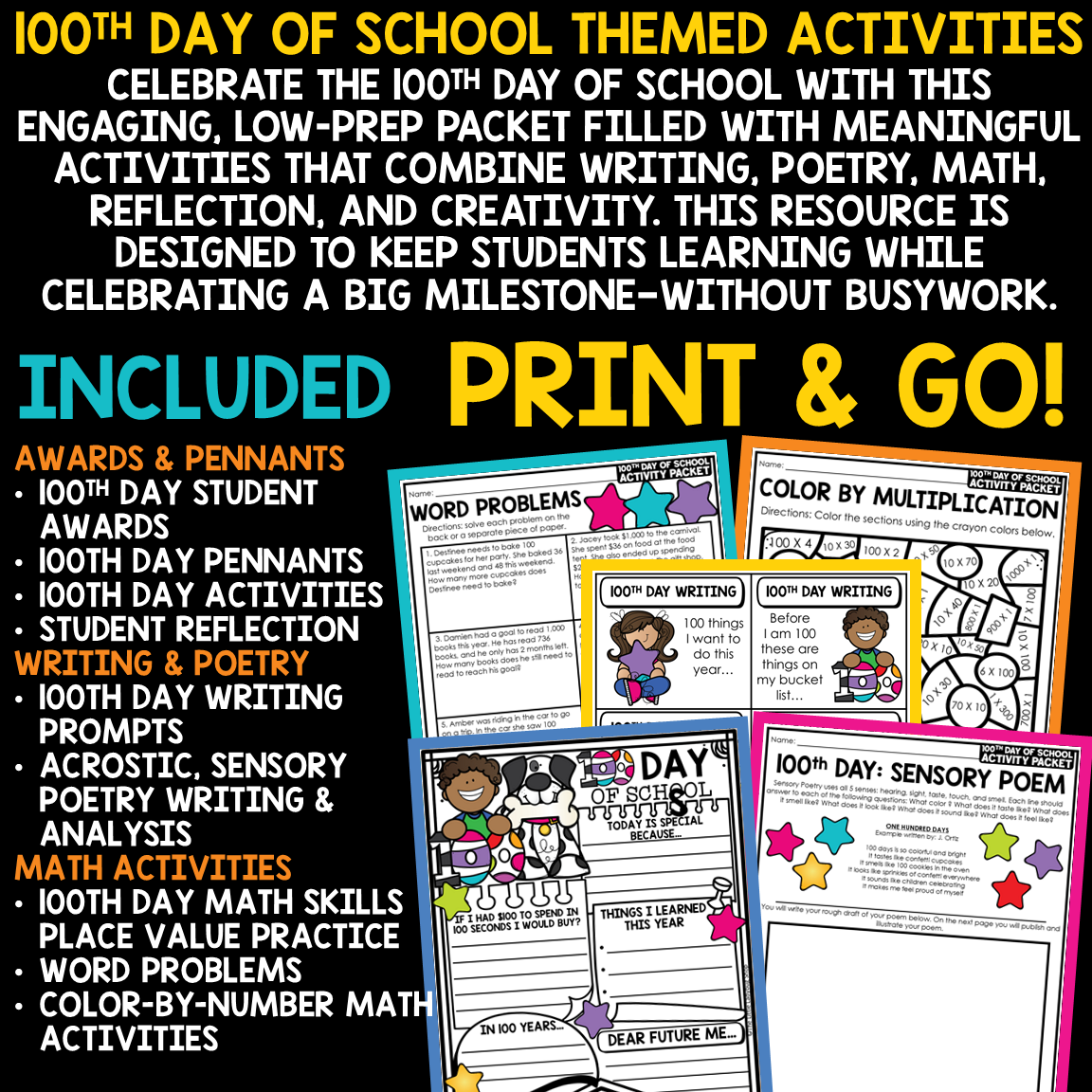 3rd 4th Grade 100th Day of School Activities Math Writing Prompts Word Search