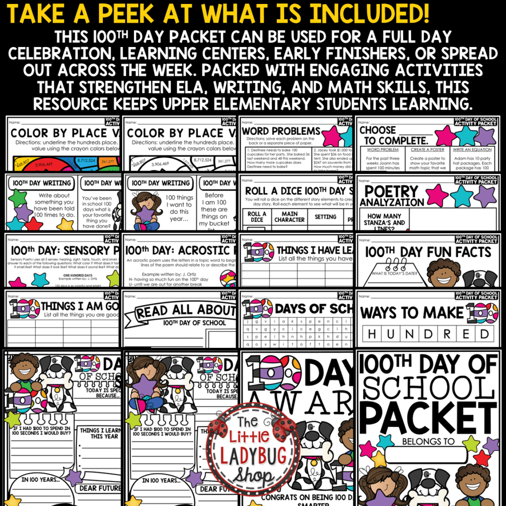 3rd 4th Grade 100th Day of School Activities Math Writing - The Little ...